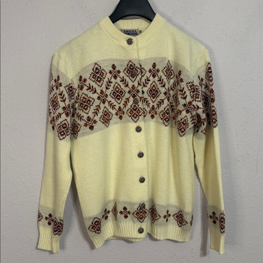 Vintage Amana Fine Quality Women Ivory/Maroon Mackinaw Fair Isle Knit Cardigan 8